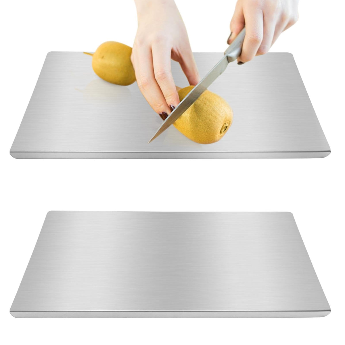 XuYelora stainless steel cutting board on counter with spacious 30x40cm surface for meal prep.