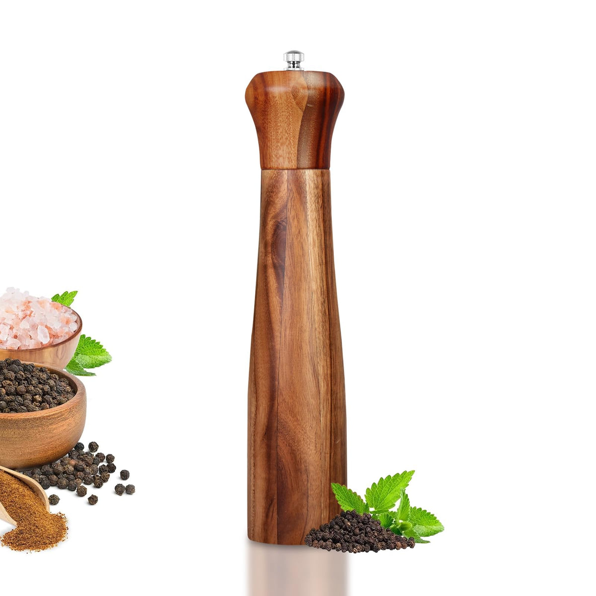 XWXO 10-inch acacia pepper grinder showing even grind for spices
