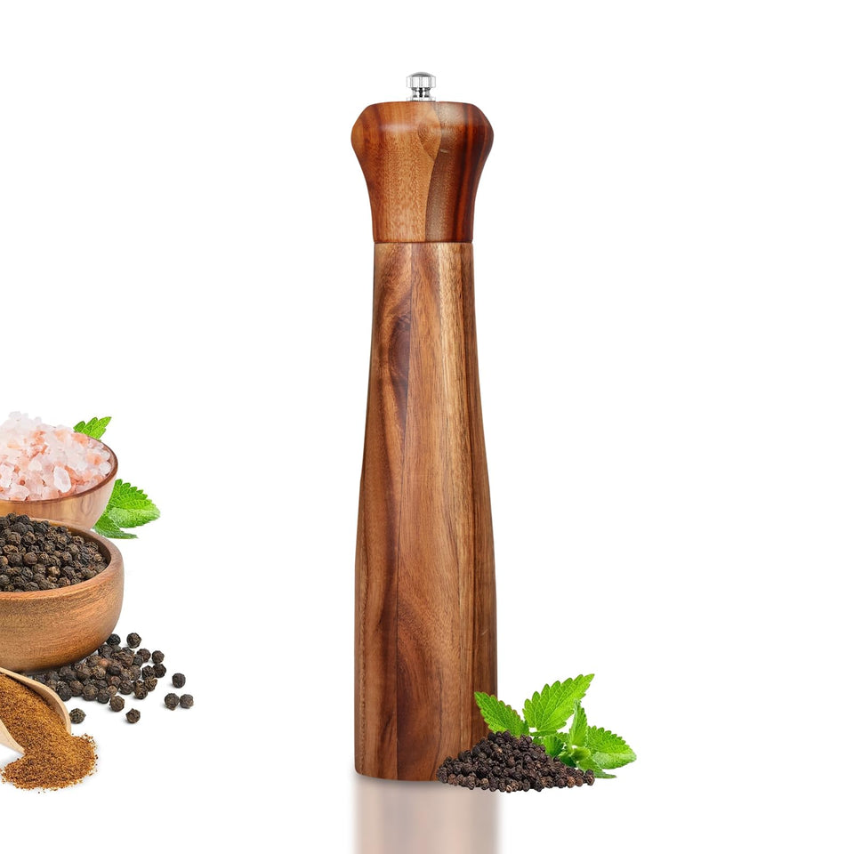 XWXO 10-inch acacia pepper grinder showing even grind for spices