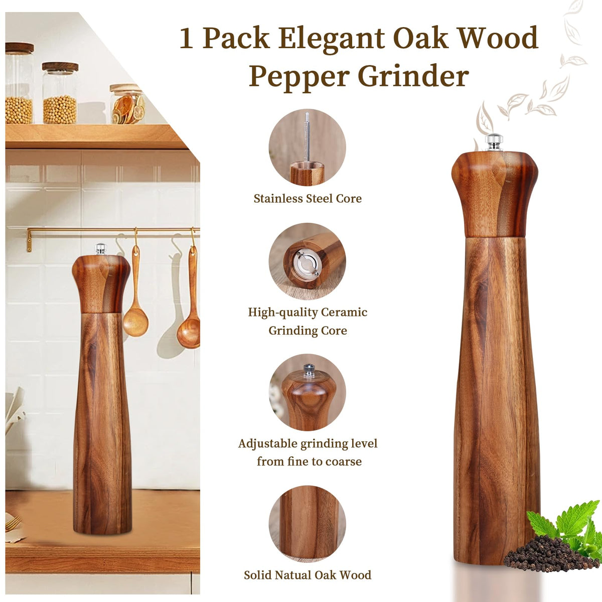 XWXO 10-inch acacia wood salt mill designed for easy refills