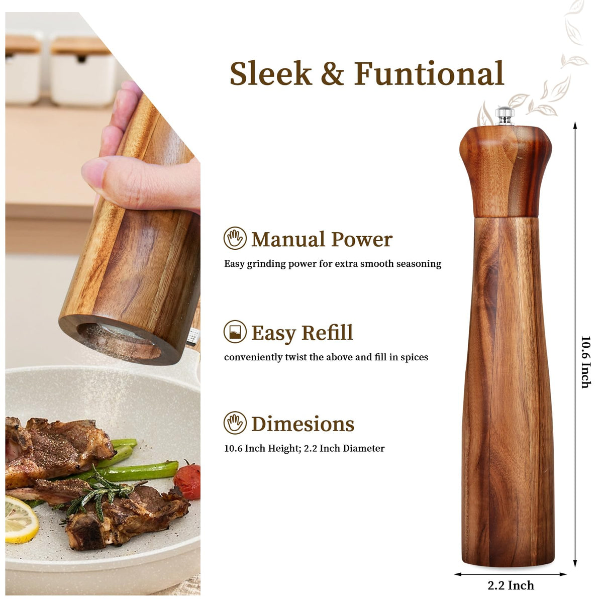 XWXO acacia wood grinder with ergonomic handle for comfortable seasoning