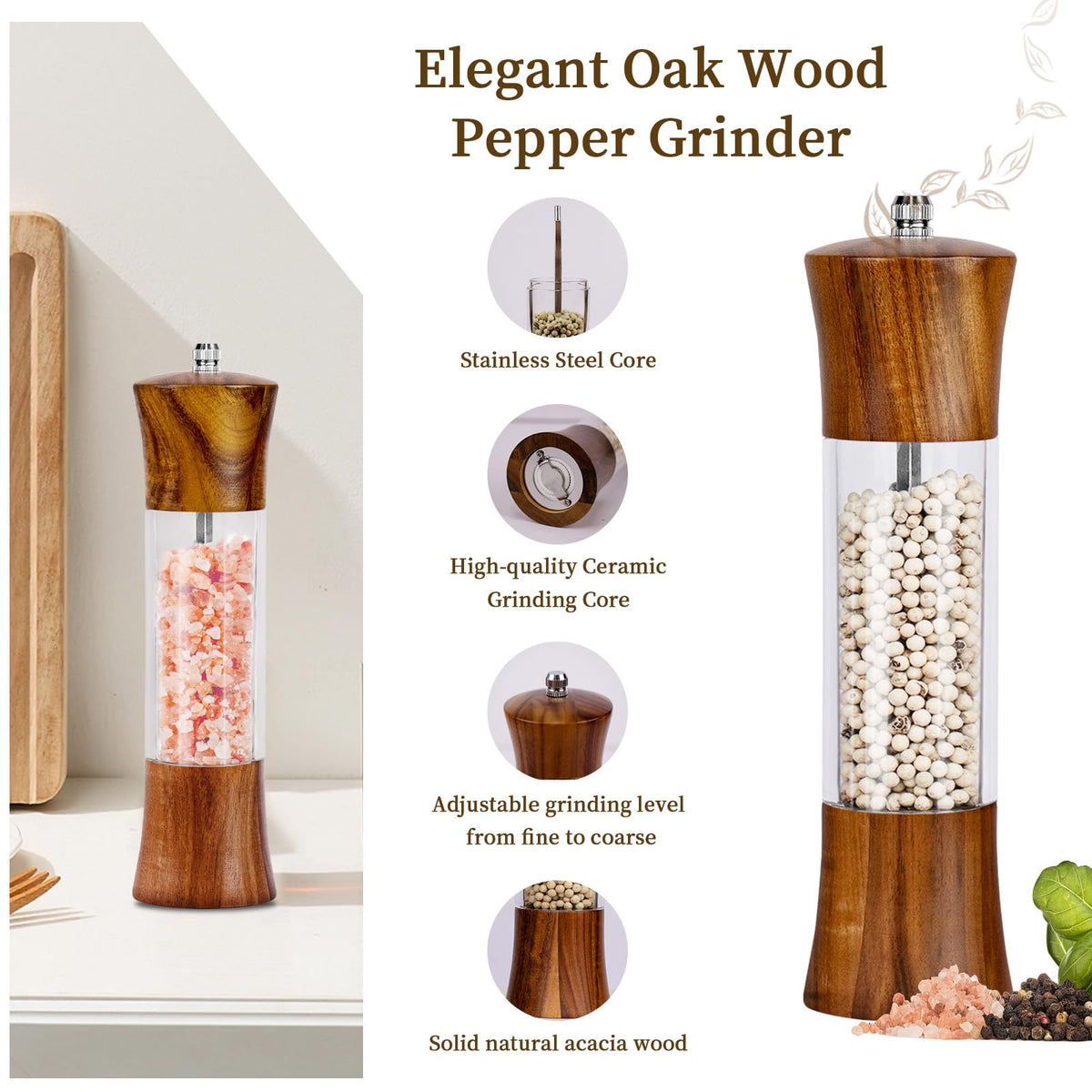 XWXO acacia wood finish adds warm elegance to kitchen prep and table settings.