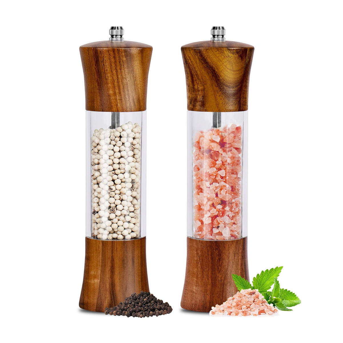 XWXO salt and pepper grinders, 8-inch set with clear acrylic body for easy refills.