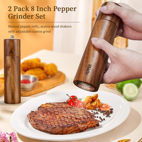 XWXO acacia grinders 8-inch height ideal for table or counter display.