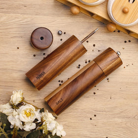 XWXO acacia grinders adjustable grind dial for fine to coarse seasoning.