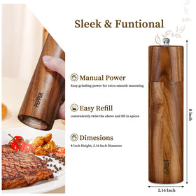 XWXO acacia salt grinder set ceramic core detail shows durable spice mill construction.