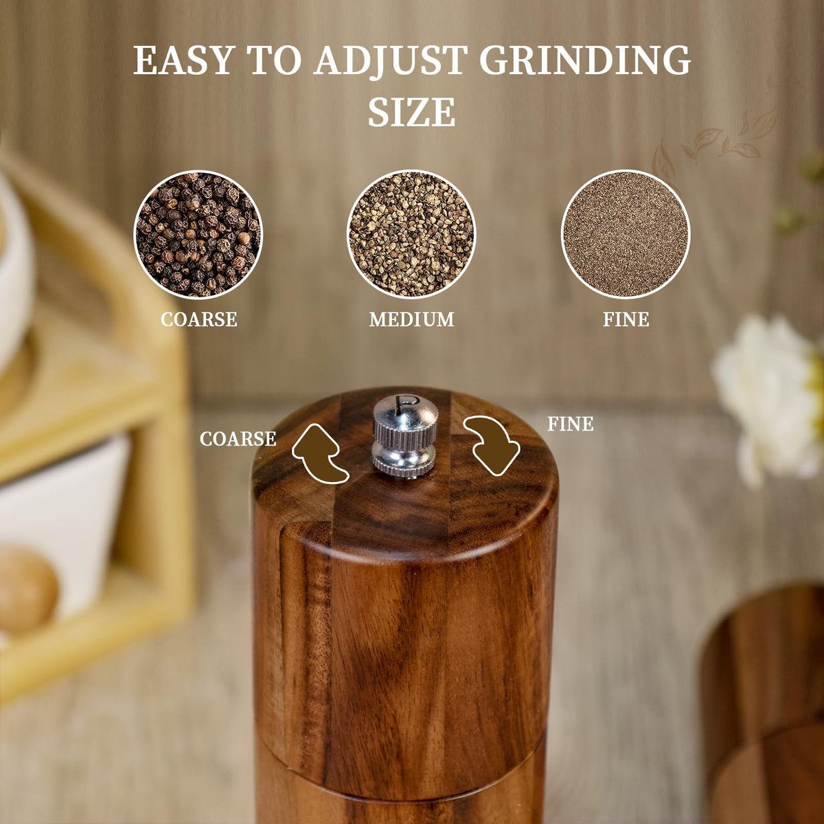 XWXO acacia grinders ergonomic design comfortable handling during meal prep.