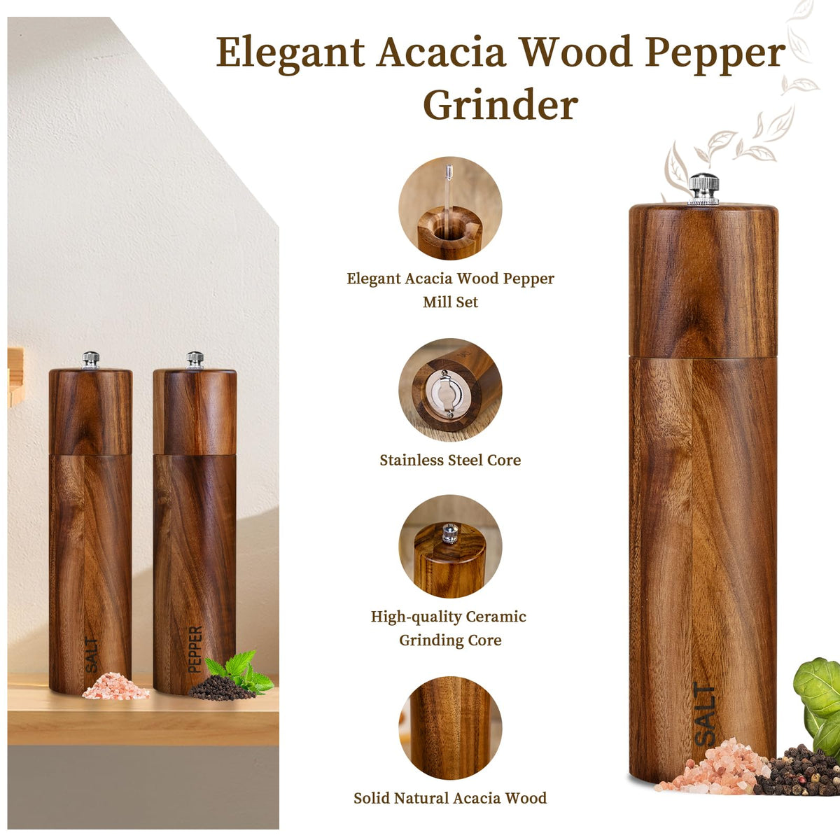 XWXO acacia grinders stainless accents add modern elegance to countertops.