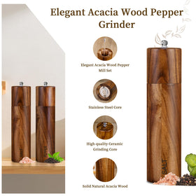 XWXO acacia grinders stainless accents add modern elegance to countertops.