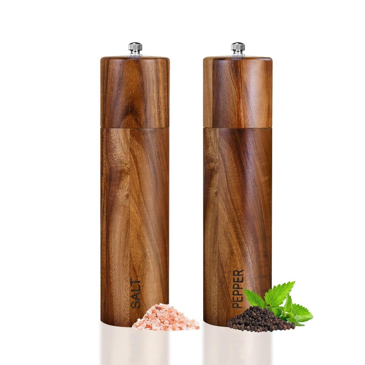 XWXO acacia salt grinder set woodgrain close-up for premium kitchen aesthetics.