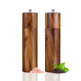 XWXO acacia salt grinder set woodgrain close-up for premium kitchen aesthetics.