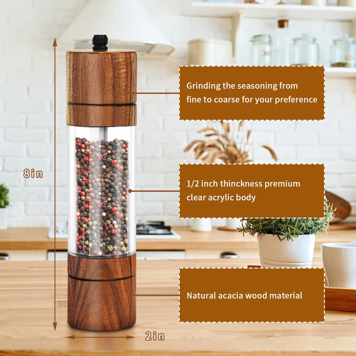 XWXO Acacia pepper grinder 8in, premium finish for stylish table seasoning.