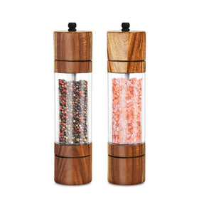 XWXO Acacia salt grinder 8in with clear acrylic body for easy refills.