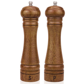 XWXO oak wood salt and pepper grinder set on a countertop, top view highlighting height and design