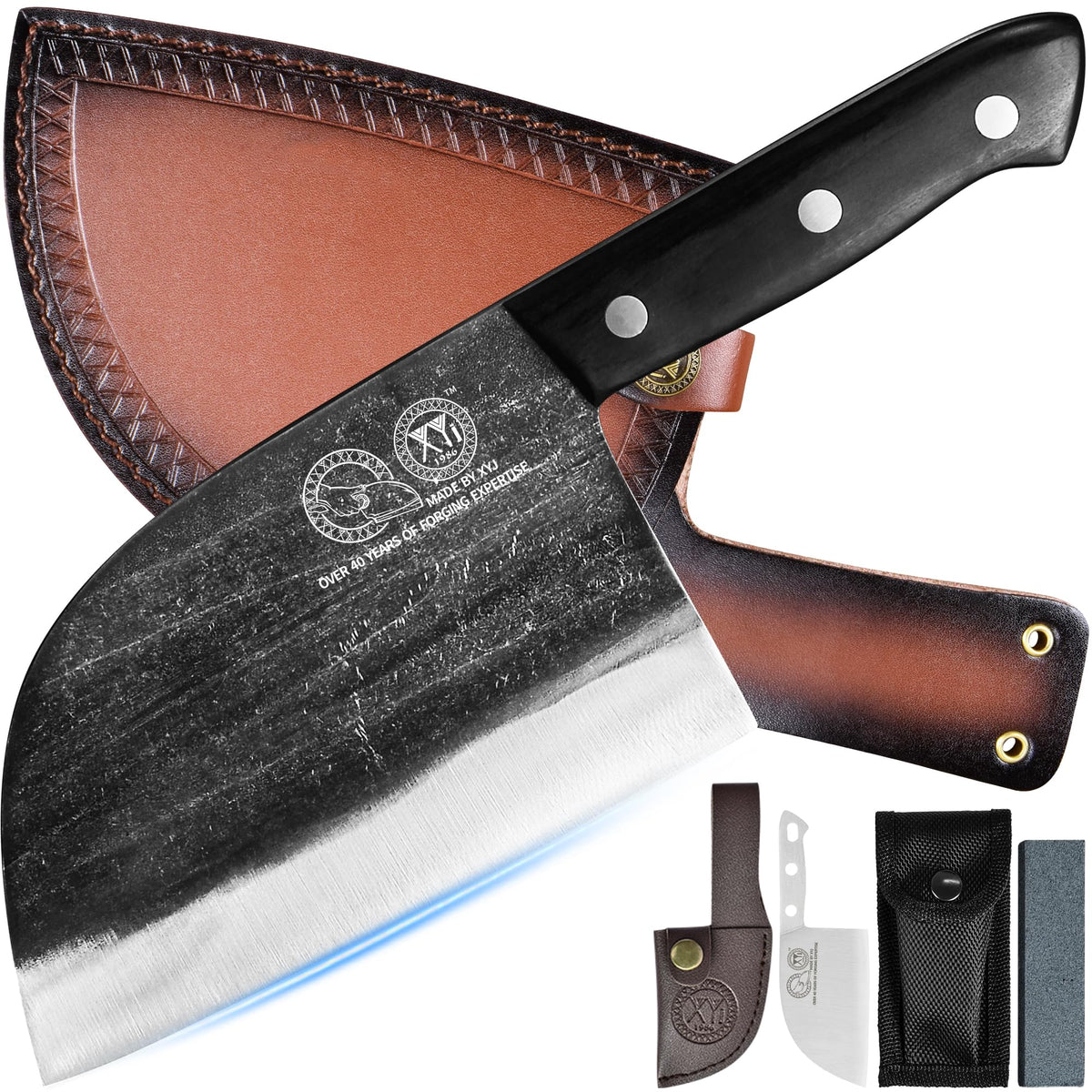 XYJ authentic 1986 full-tang chef knife for precise slicing and long-lasting sharpness.