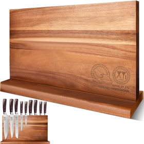 XYJ extra-large magnetic knife block in acacia wood keeps knives secure and organized
