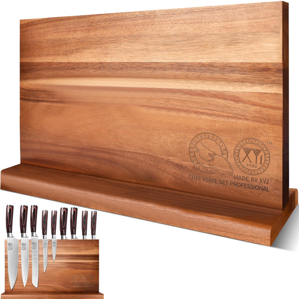 XYJ extra-large magnetic knife block in acacia wood keeps knives secure and organized