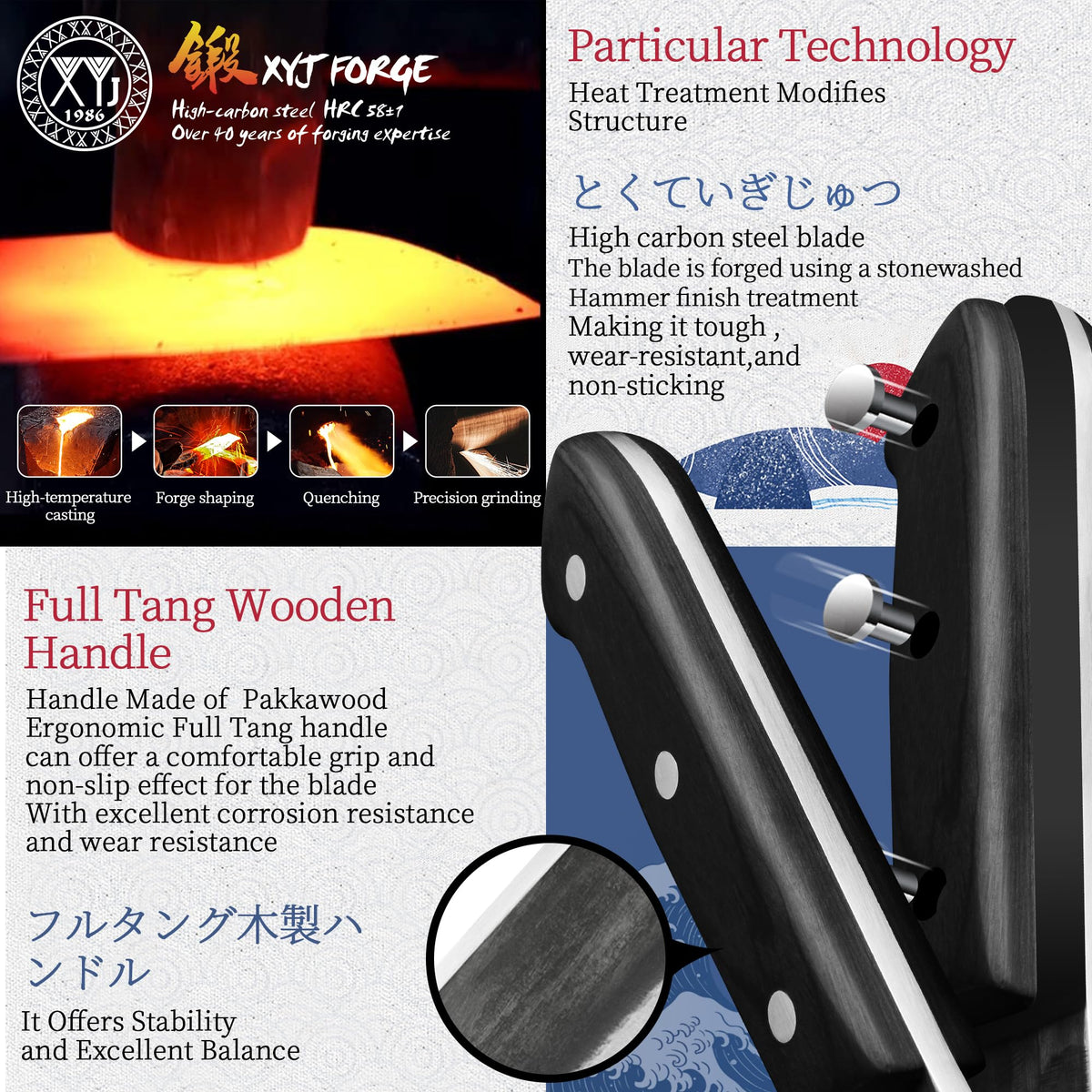 XYJ high-carbon steel blade with polished edge for smooth cutting and easy maintenance.