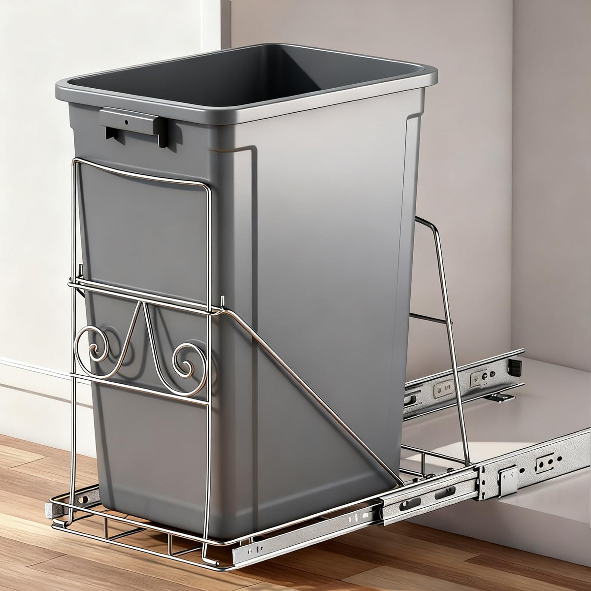 XYLOME pull-out under-cabinet front view shows space-saving design and quiet slides.