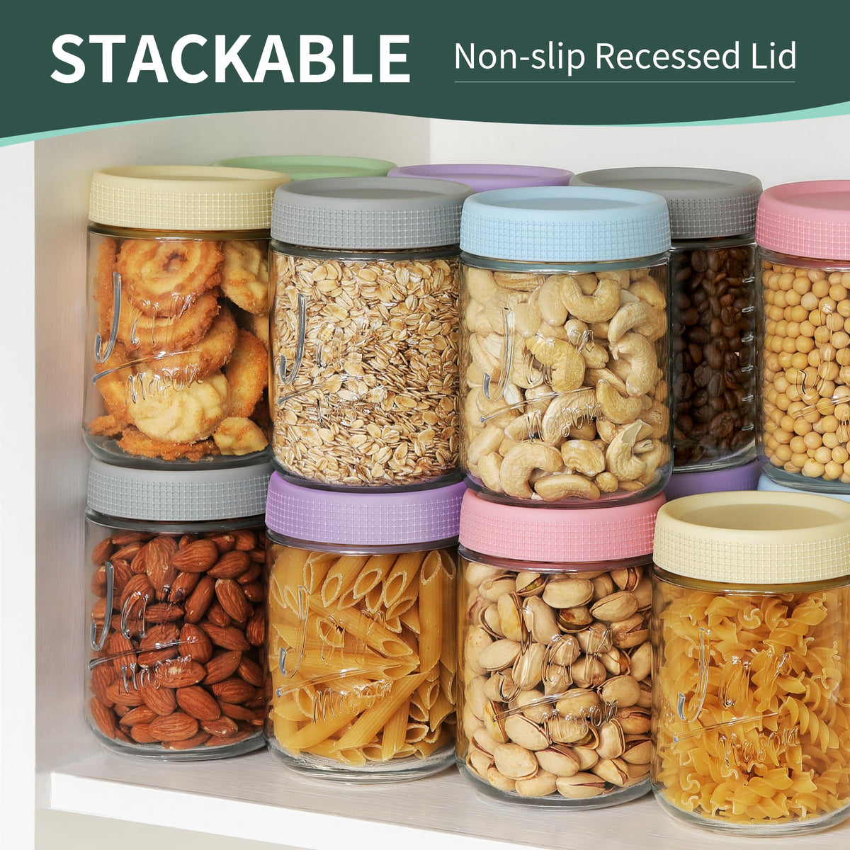 Xyptorix stackable jars with textured lids save fridge space and stay gripped.