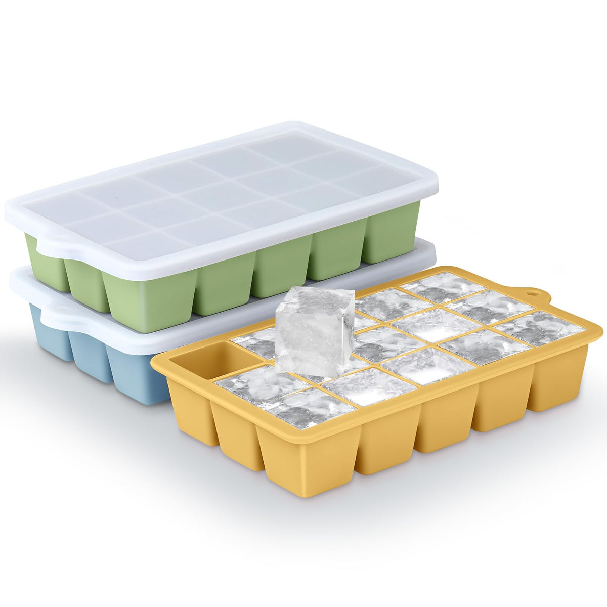 Xyuetia silicone ice cube trays 3-pack for easy-release ice cubes in whiskey and cocktails.