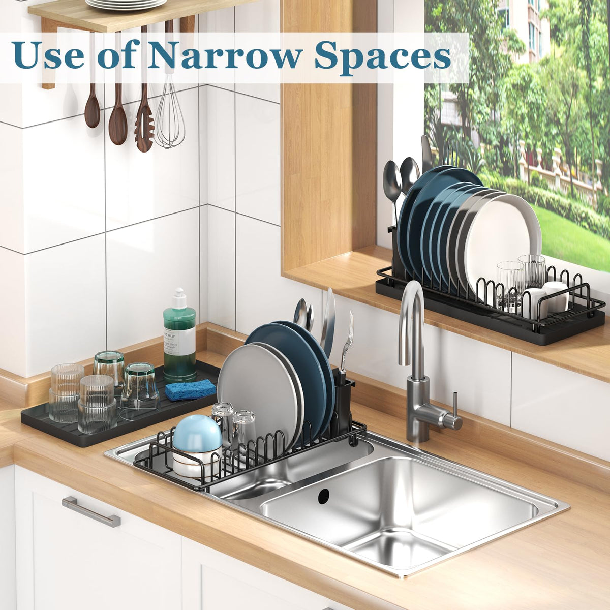 XYZLVSI compact dish rack in a modern kitchen scene.