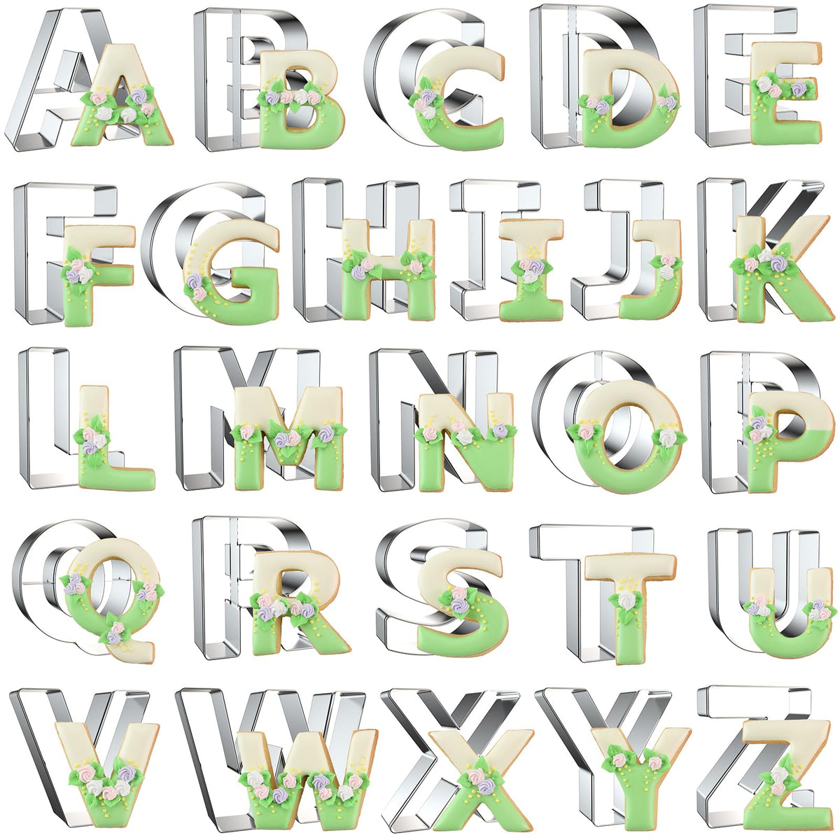 Xzhloym Alphabet Cutters large 3-inch set for perfect cookies and fondant shapes.