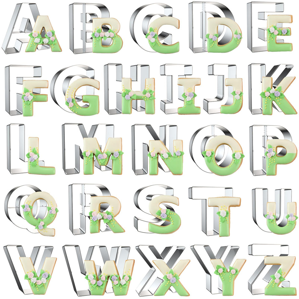 Xzhloym Alphabet Cutters large 3-inch set for perfect cookies and fondant shapes.