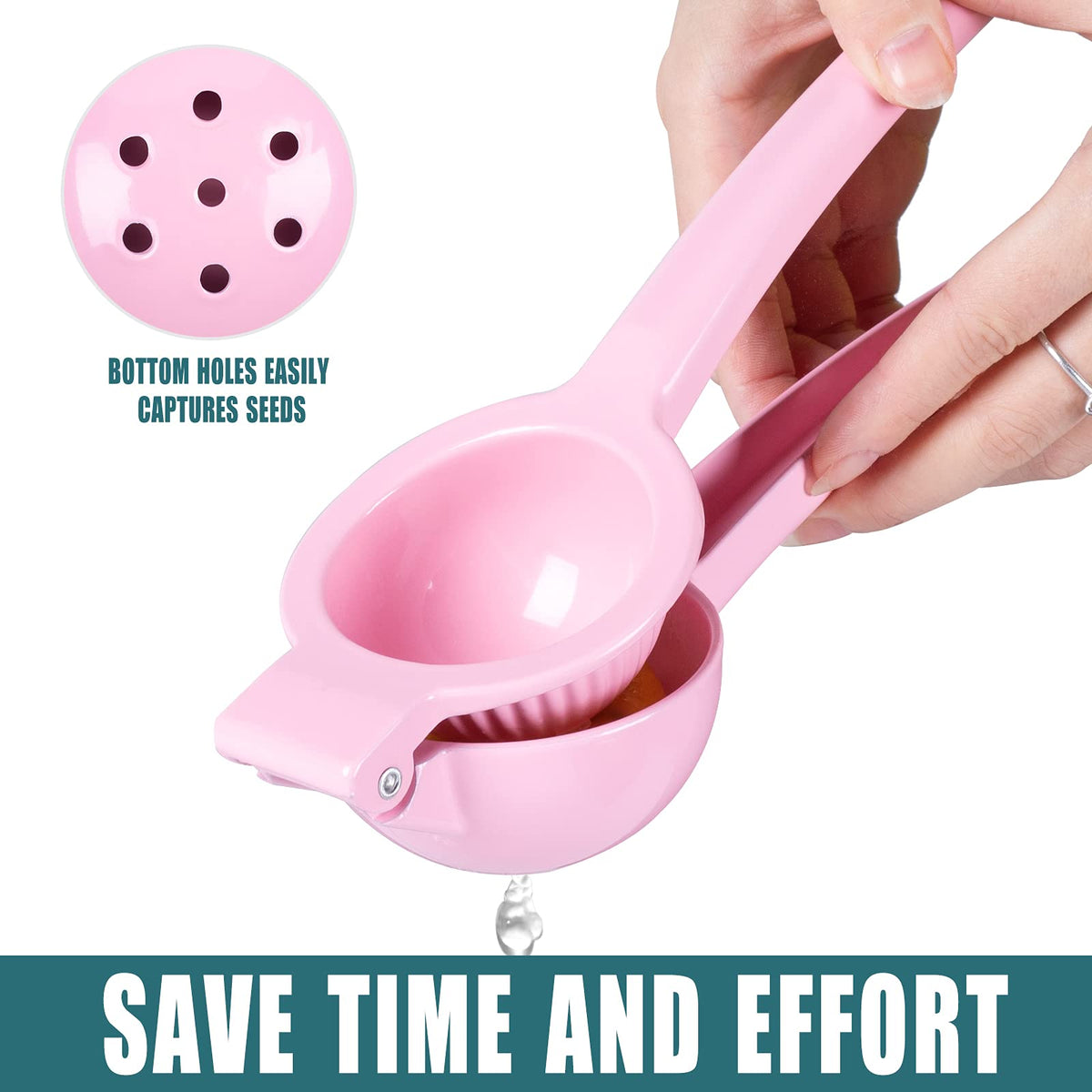 Y-Me pink aluminum juicer resists rust for long-lasting kitchen use.