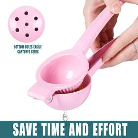 Y-Me pink aluminum juicer resists rust for long-lasting kitchen use.