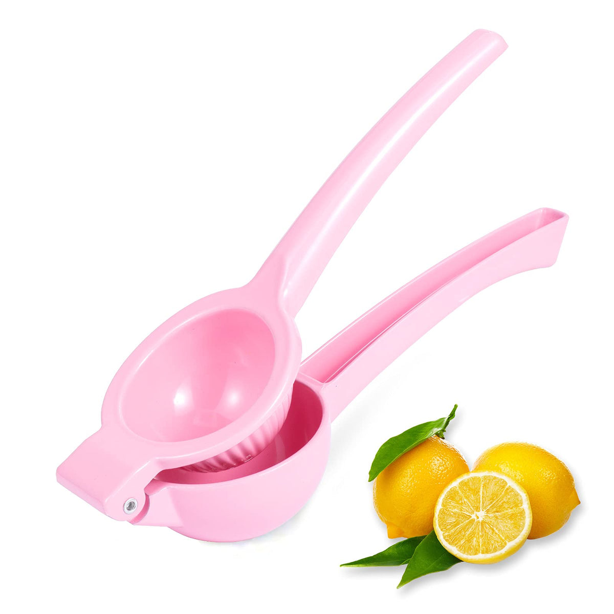 Y-Me pink lemon squeezer in action, compact and efficient for fresh juice at home.