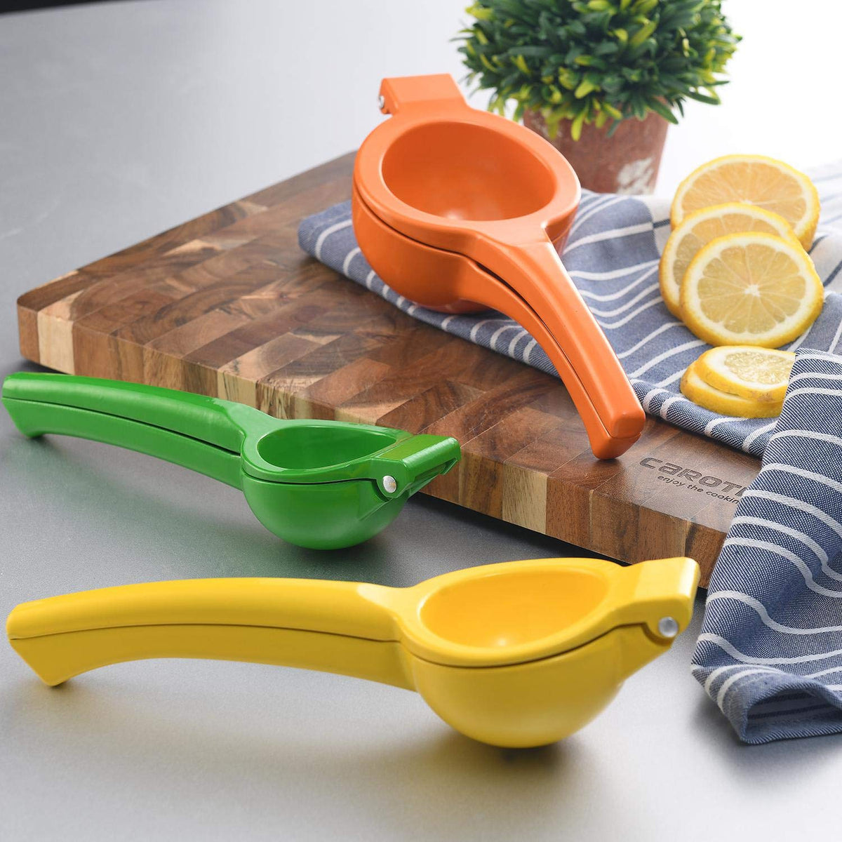 Y-Me yellow citrus press adds cheerful color to daily kitchen prep.
