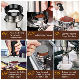 Y-Step 51mm puck screen distributes water evenly for uniform extraction.