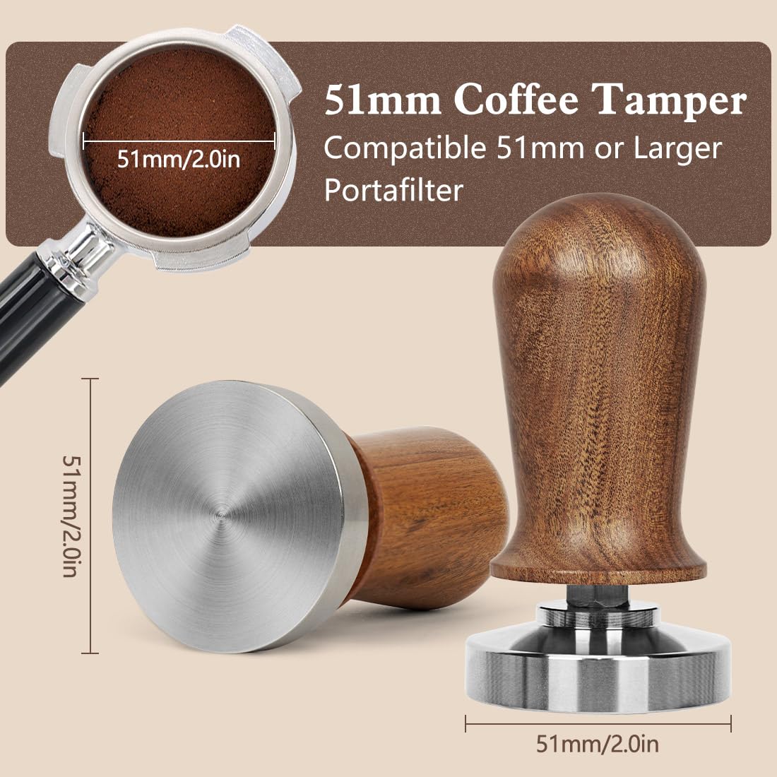 Y-Step espresso tamper with rosewood handle for comfortable grip during prep