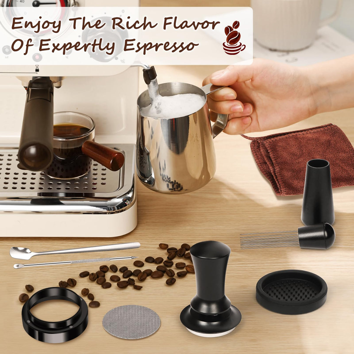 Y-Step latte art pen, spoon, and towel complete your barista toolkit for prep.