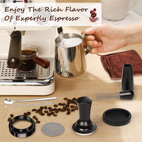 Y-Step latte art pen, spoon, and towel complete your barista toolkit for prep.