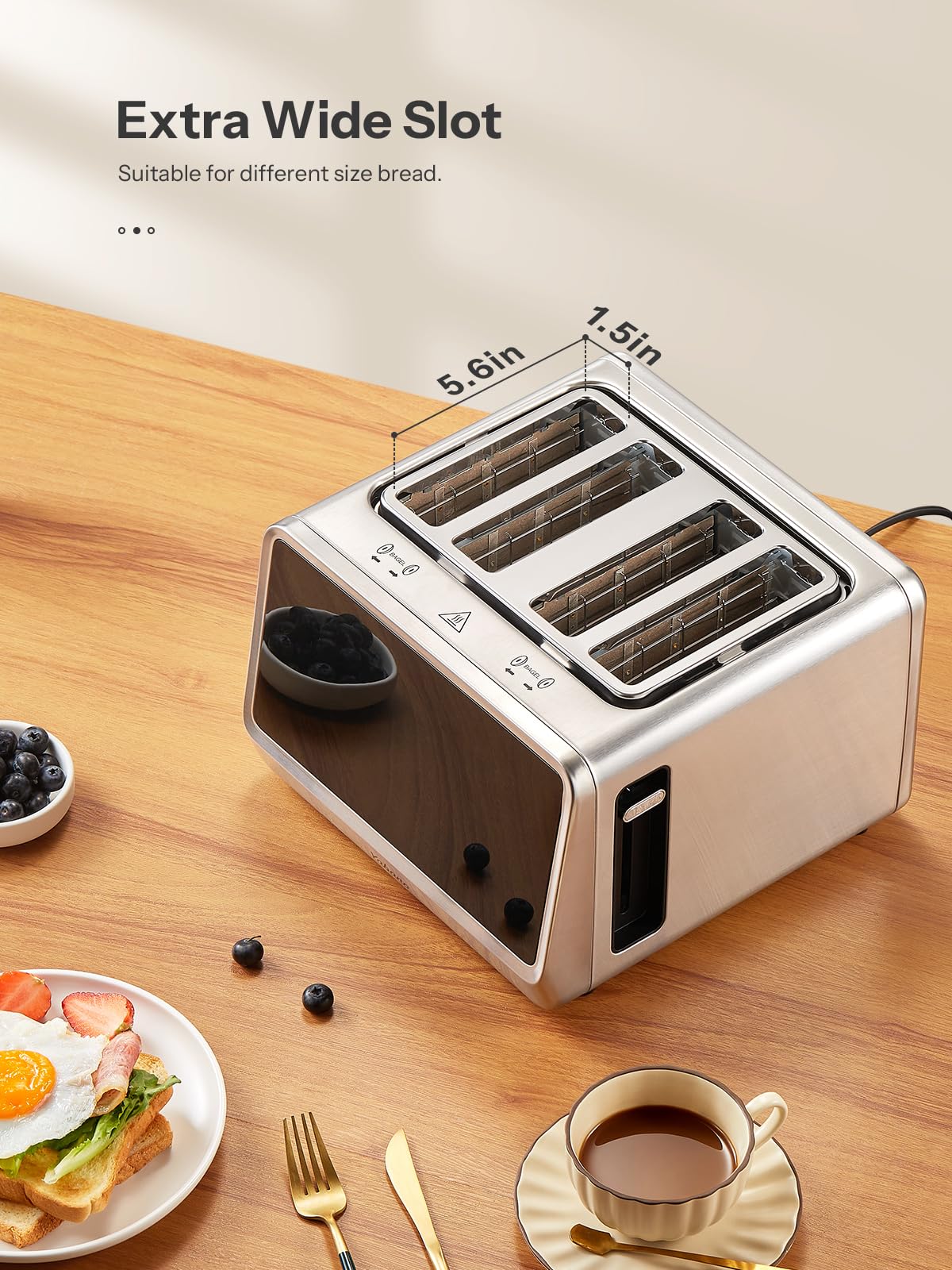 Yabano 4-Slice Toaster with extra-wide slots accommodating thick slices and diverse breads.