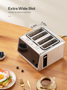 Yabano 4-Slice Toaster with extra-wide slots accommodating thick slices and diverse breads.