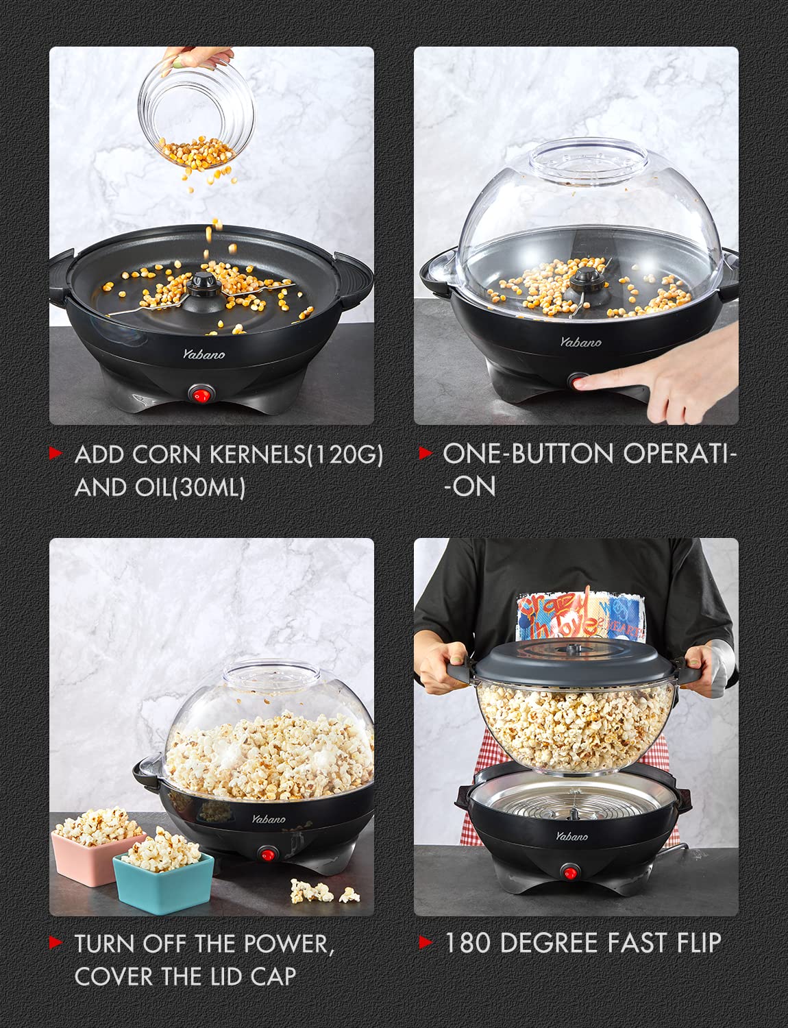 Yabano popcorn machine cool-touch handles for safe handling.