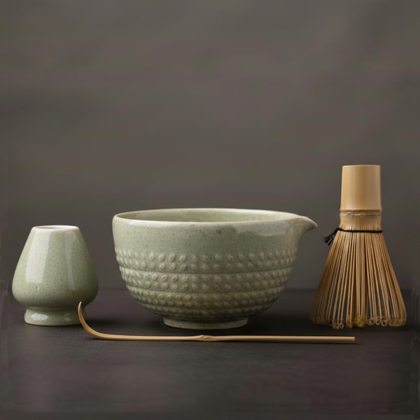 Yabercha matcha bowl with spout for controlled pouring during whisking.