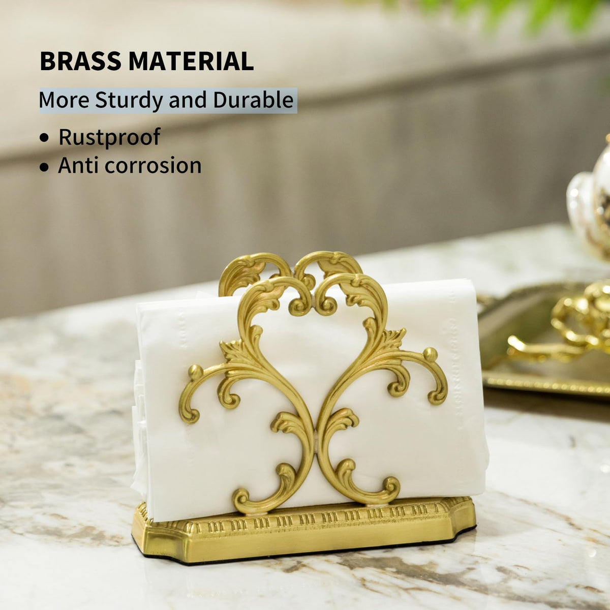 Upright brass napkin holder complements modern dining spaces