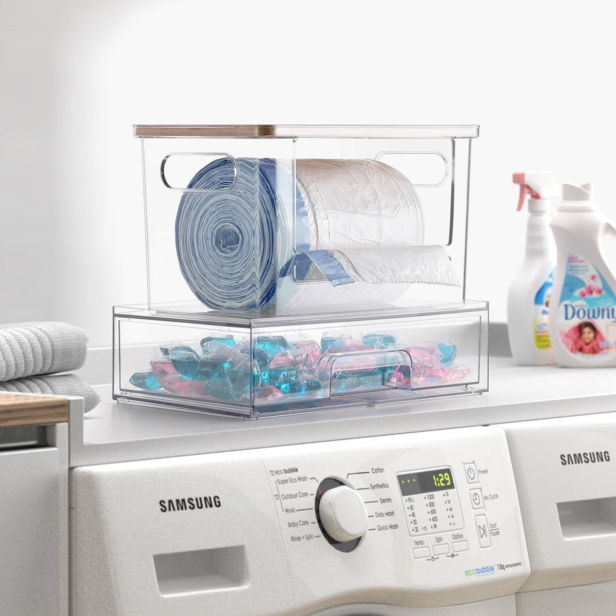 YAFFWA laundry pod containers organize supplies neatly in cabinets
