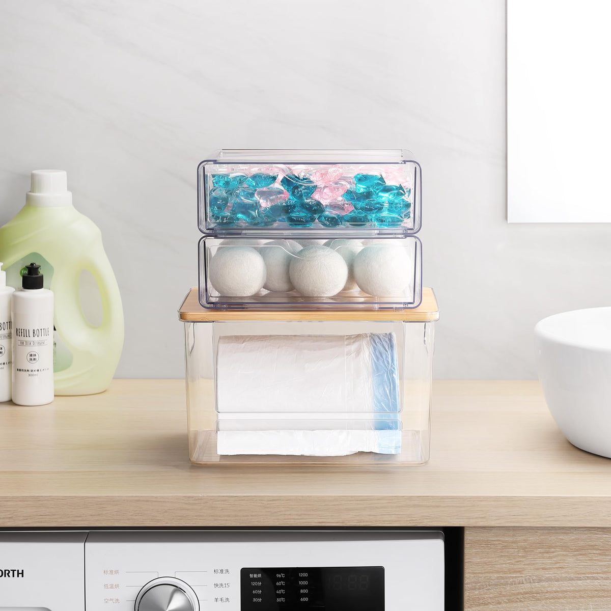 YAFFWA trash bag dispenser under sink with bamboo lid for clean, visible contents.