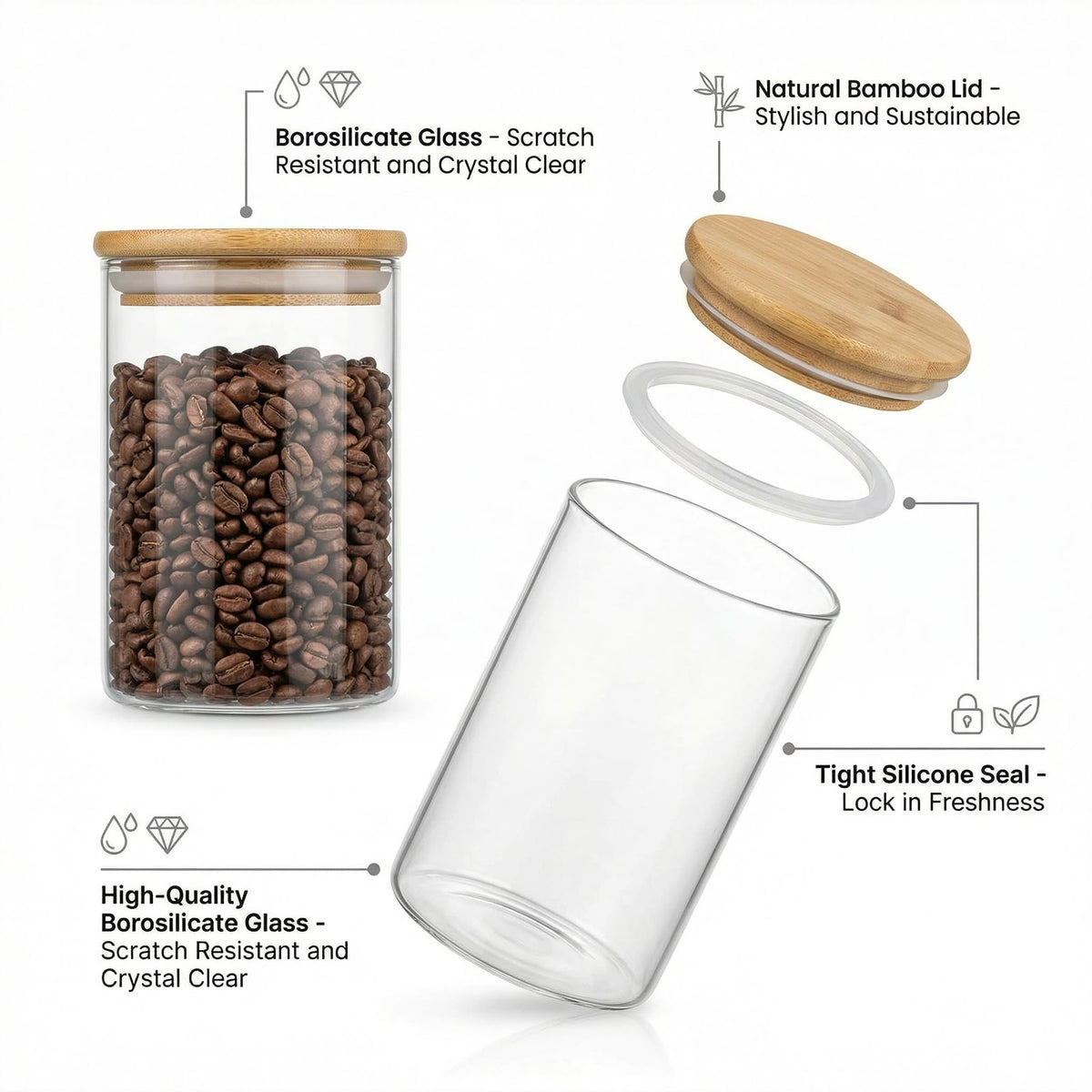 YAGELI 44oz glass jar offers crystal-clear visibility for easy stock checks.