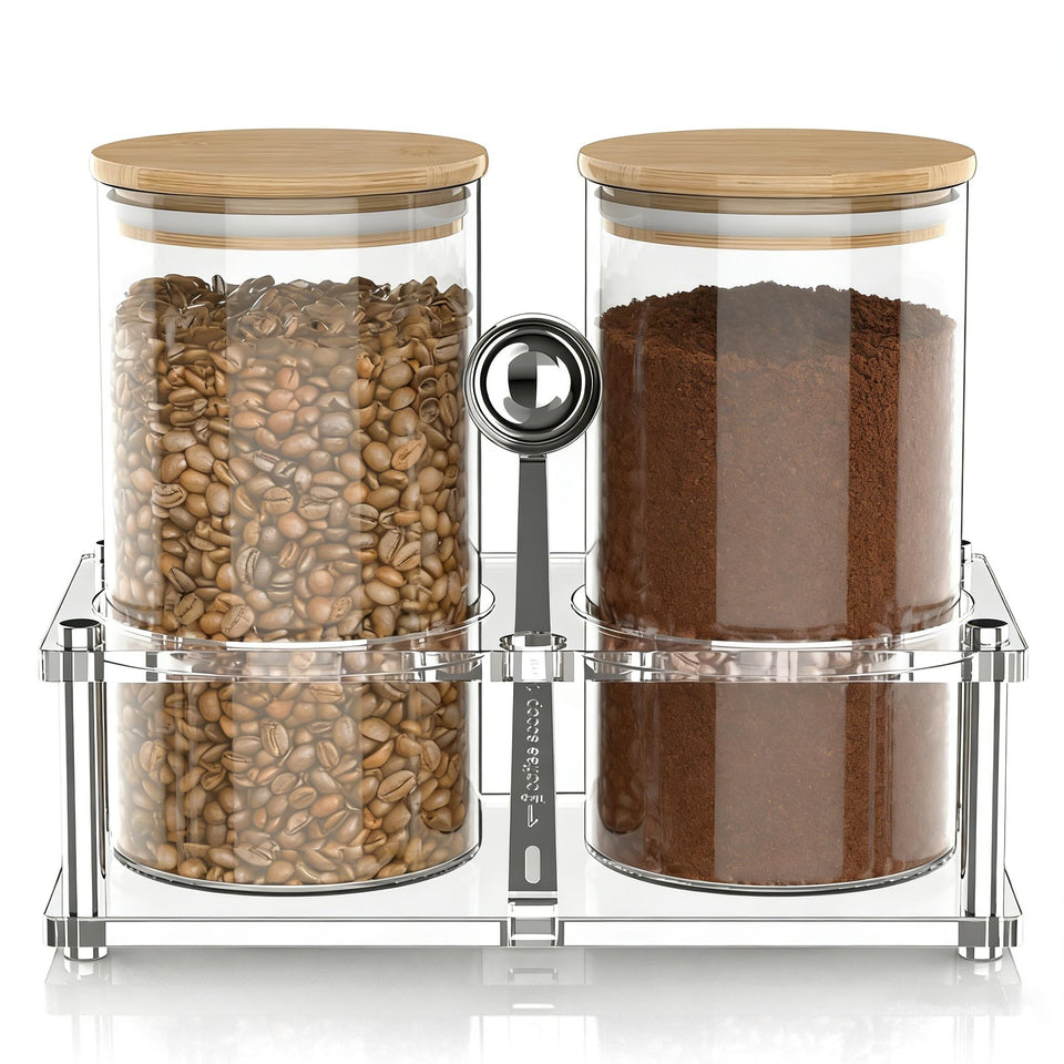 YAGELI glass coffee canisters 2-pack on display keep aromas fresh and organized.