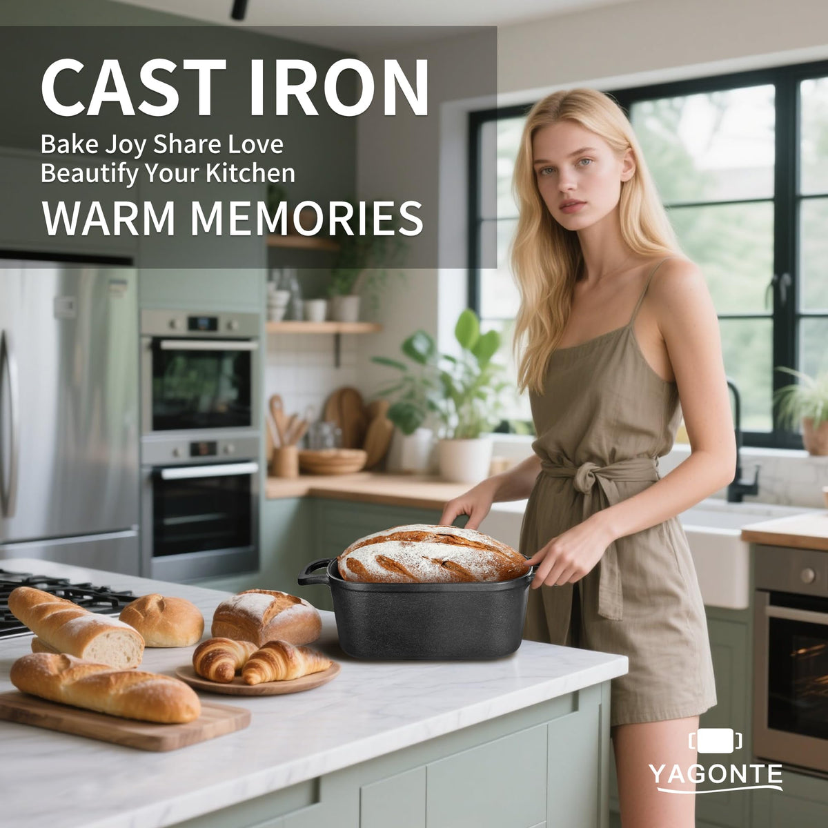 YAGONTE ergonomic handles stay cool during oven transfer.
