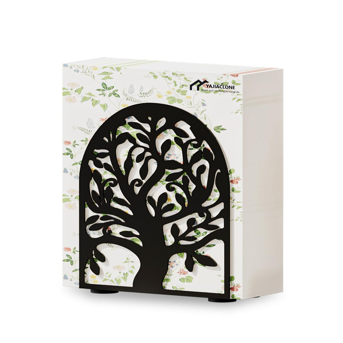YAJIACLONE Tree of Life metal napkin holder on a black countertop keeps cocktail napkins neatly accessible