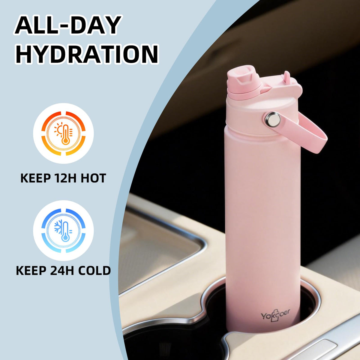 Powder-coated finish provides grip and style without condensation on hands.