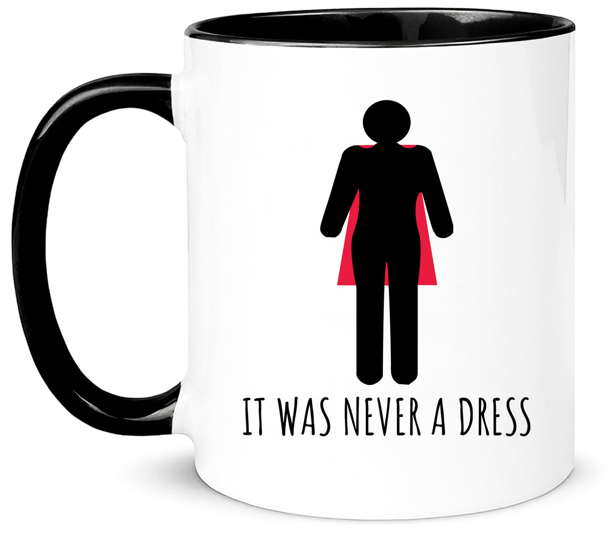 Yalocib mug displays It Was Never A Dress, a bold cape detail.