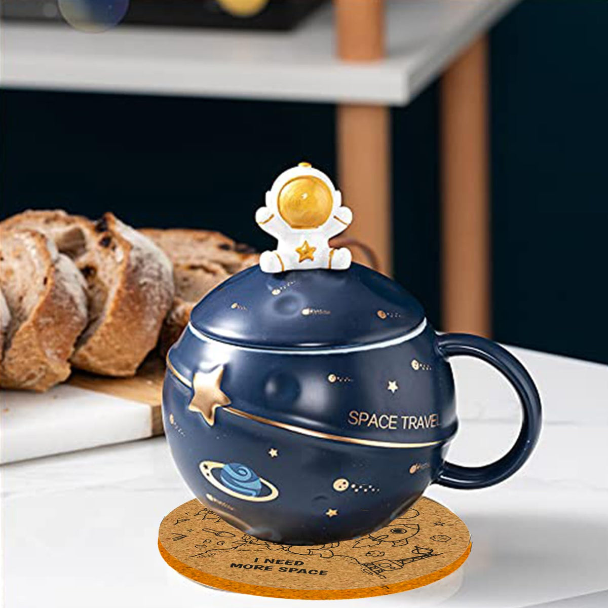 Yalucky aesthetic desk mug in dark blue adds mood to rooms.